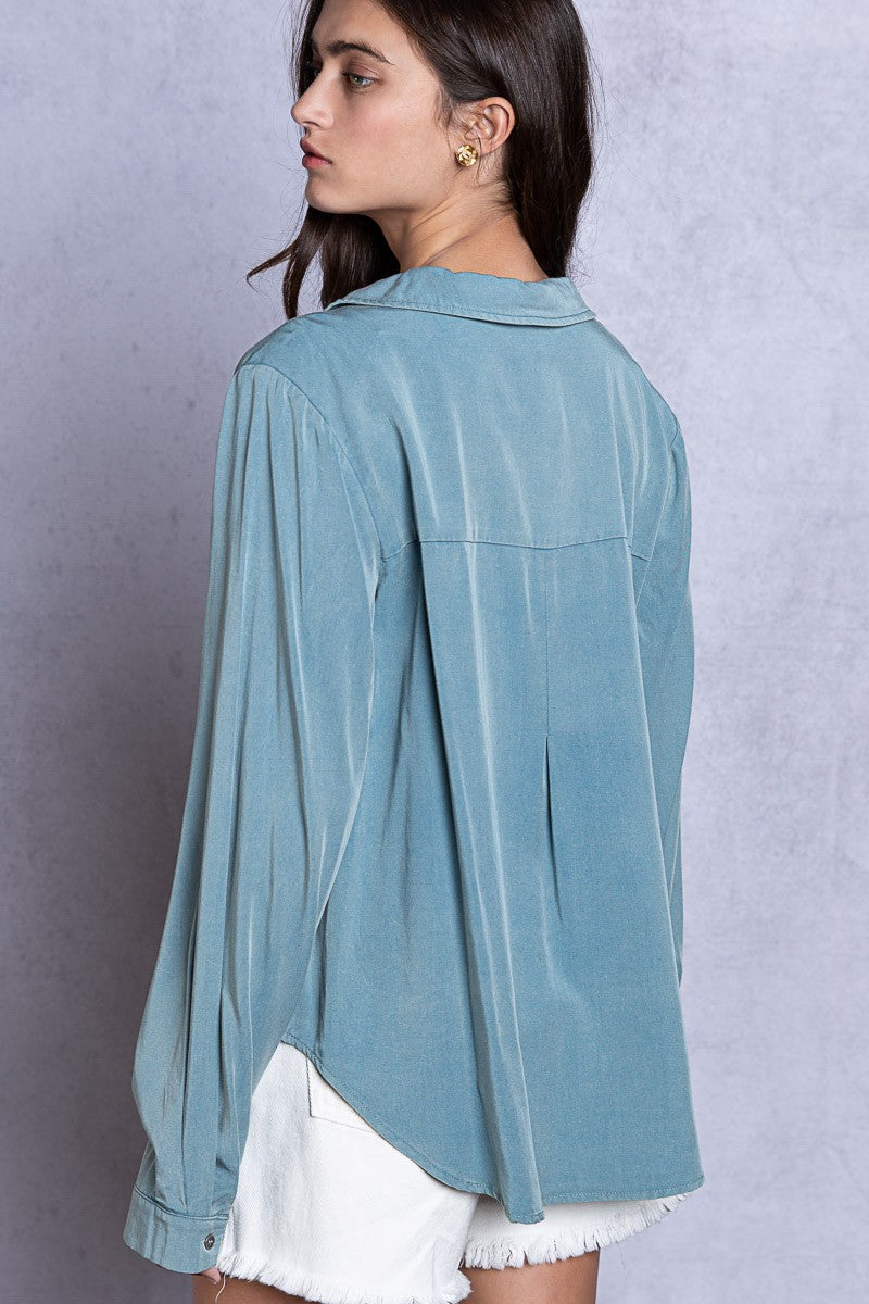 POL Oversize Tencel Shirt in Aegean Teal