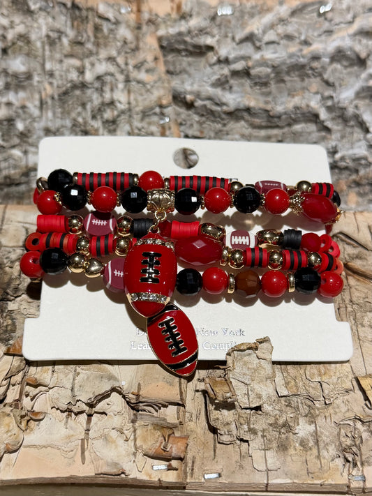 DMC Red and Black Beaded Football Charm 5 pc Bracelet Stack