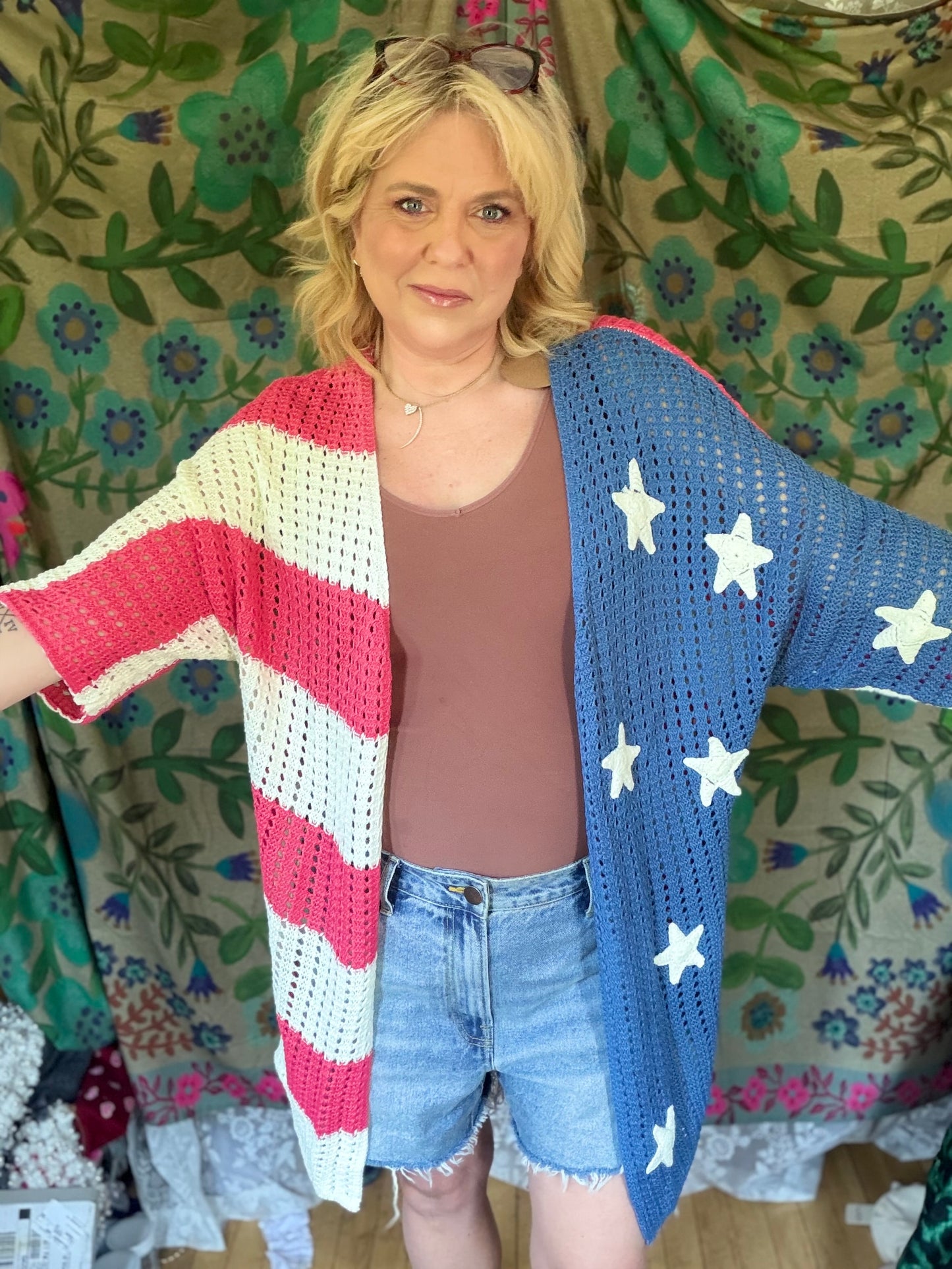 BIBI Star Patches American Flag Open Knit Cardigan
