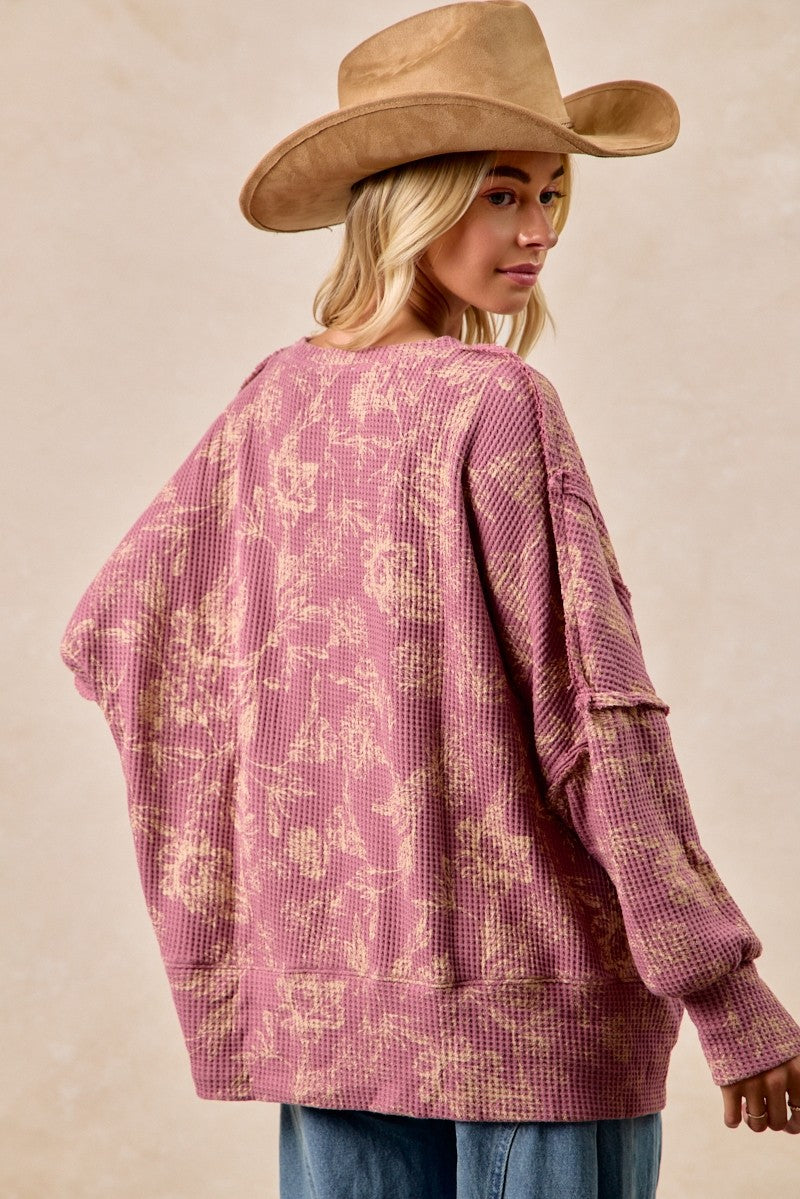 BIBI Floral Print Washed Oversized Waffle Top