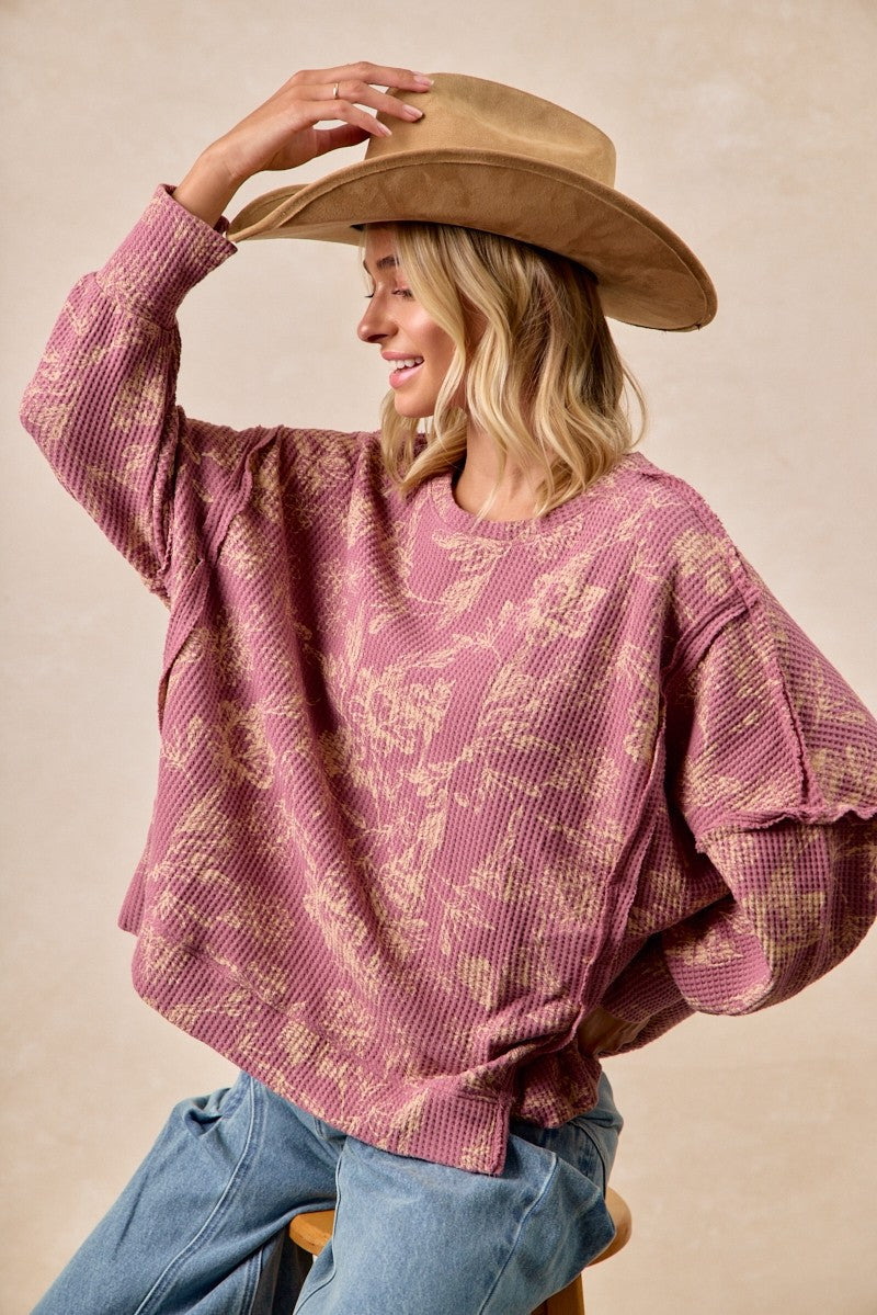 BIBI Floral Print Washed Oversized Waffle Top