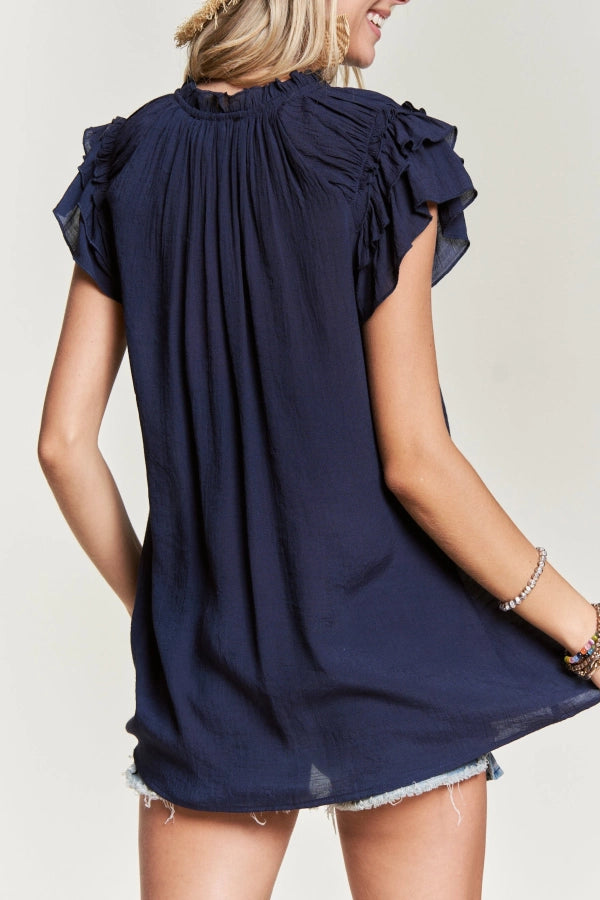 ADORA Navy Ruffle Sleeve Peasant Top