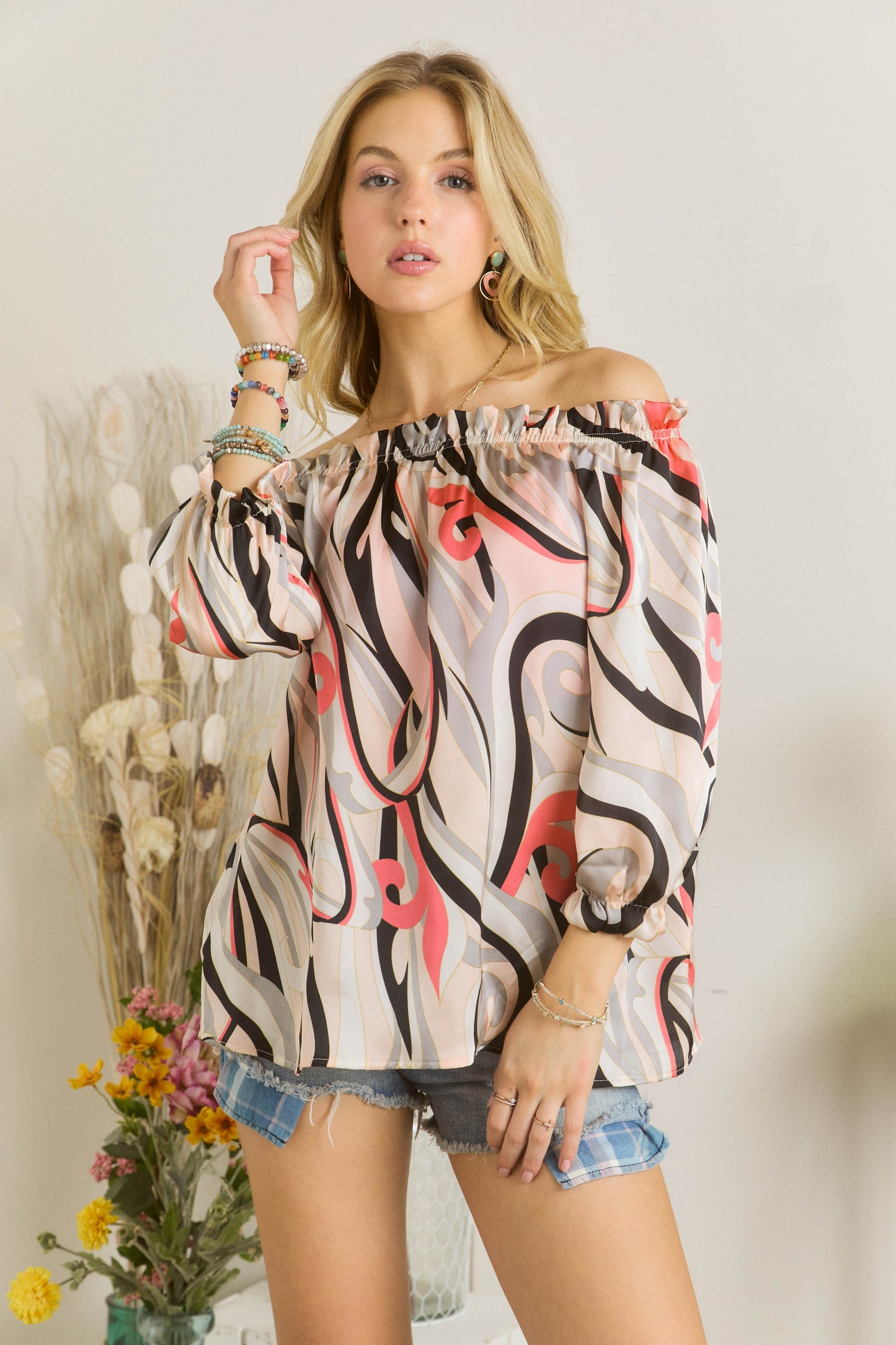 ADORA Printed Off Shoulder Top