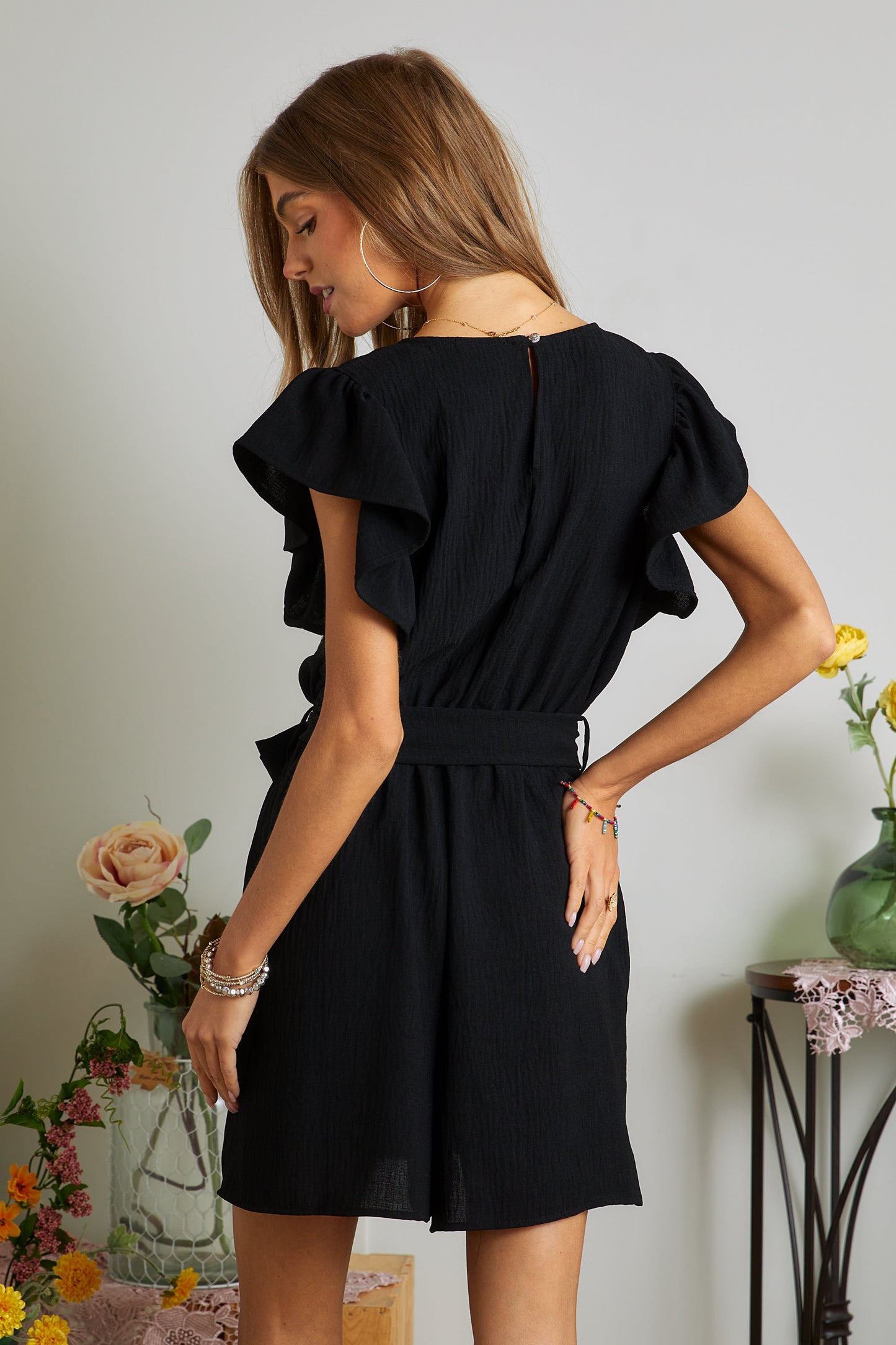 ADORA Ruffle Sleeve Black Romper