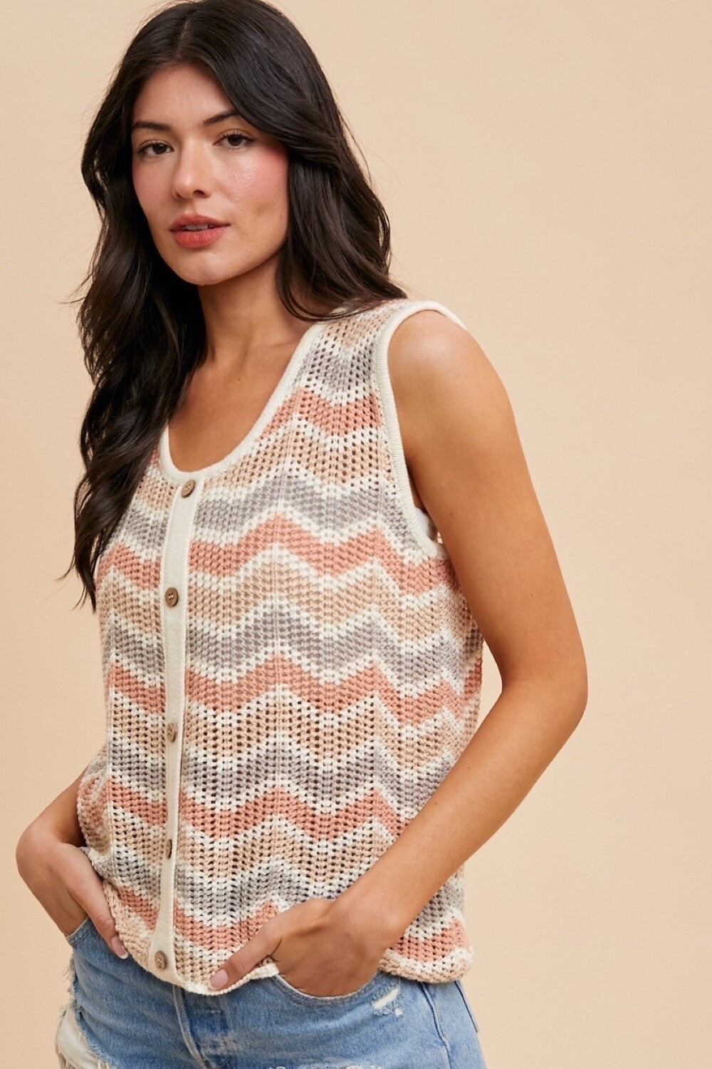 ANNIEWEAR Zig-Zag Striped Crochet Sweater Top