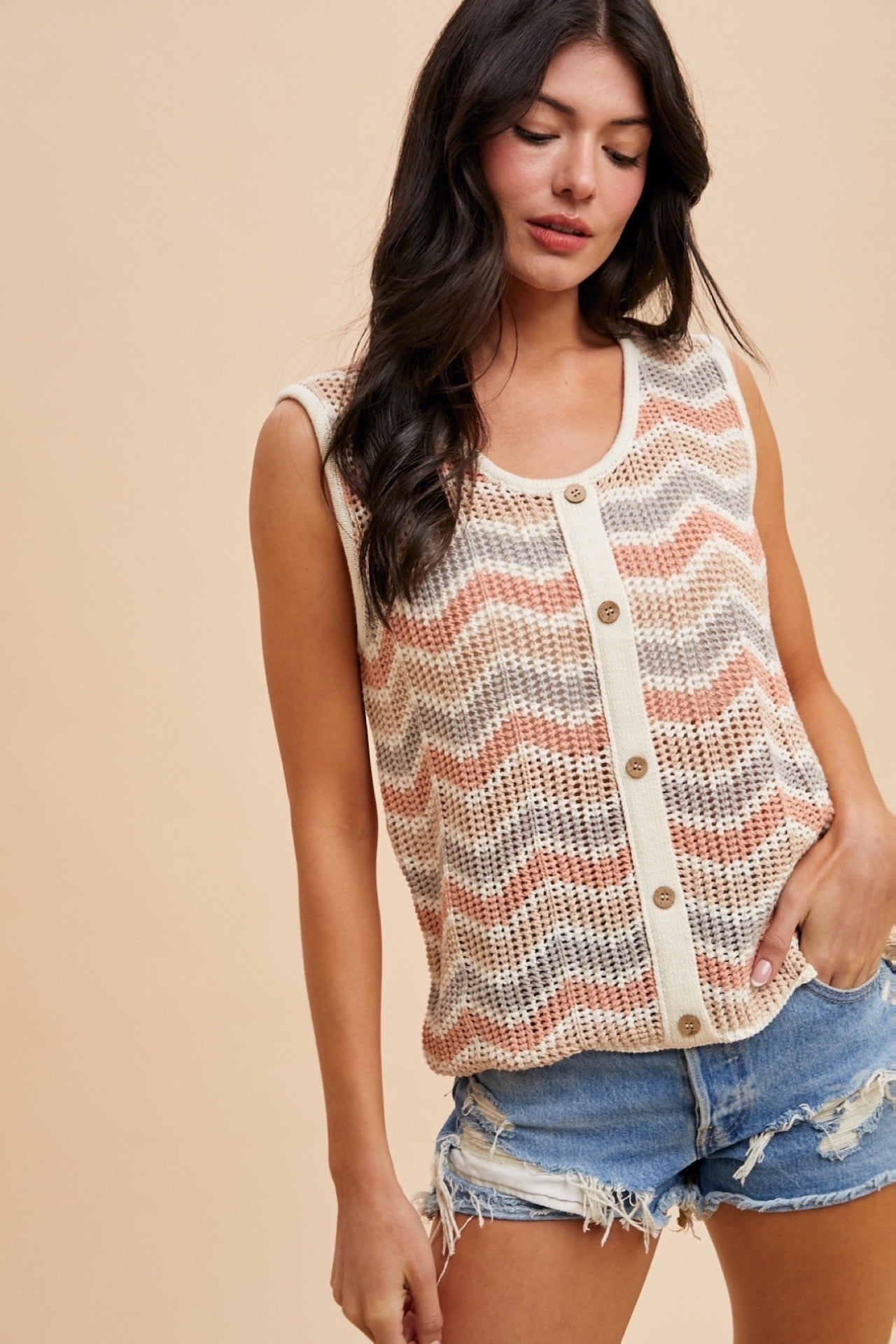 ANNIEWEAR Zig-Zag Striped Crochet Sweater Top