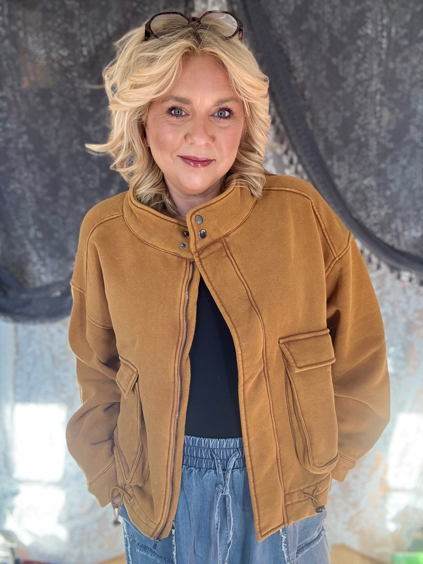 EASEL Washed Zip Up Bomber Jacket