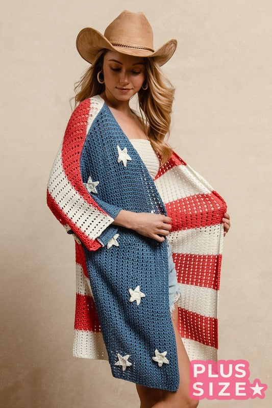 BIBI Star Patches American Flag Open Knit Cardigan