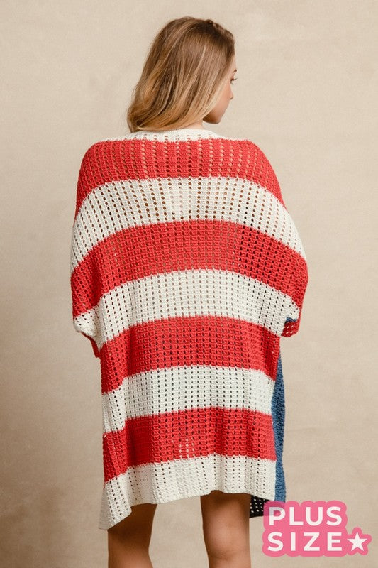 BIBI Star Patches American Flag Open Knit Cardigan