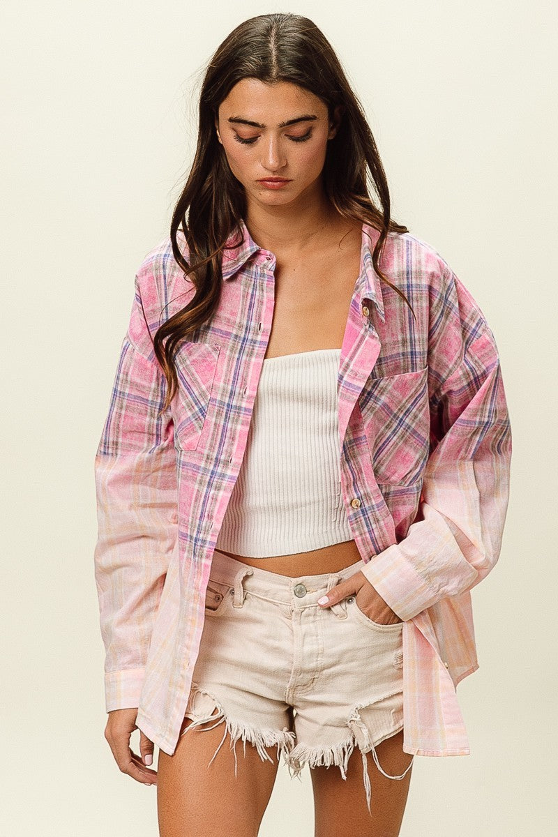 BIBI Bleach Washed Button Down Plaid Shirt