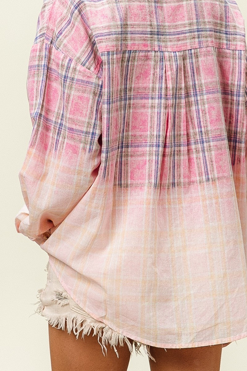 BIBI Bleach Washed Button Down Plaid Shirt