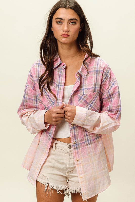 BIBI Bleach Washed Button Down Plaid Shirt