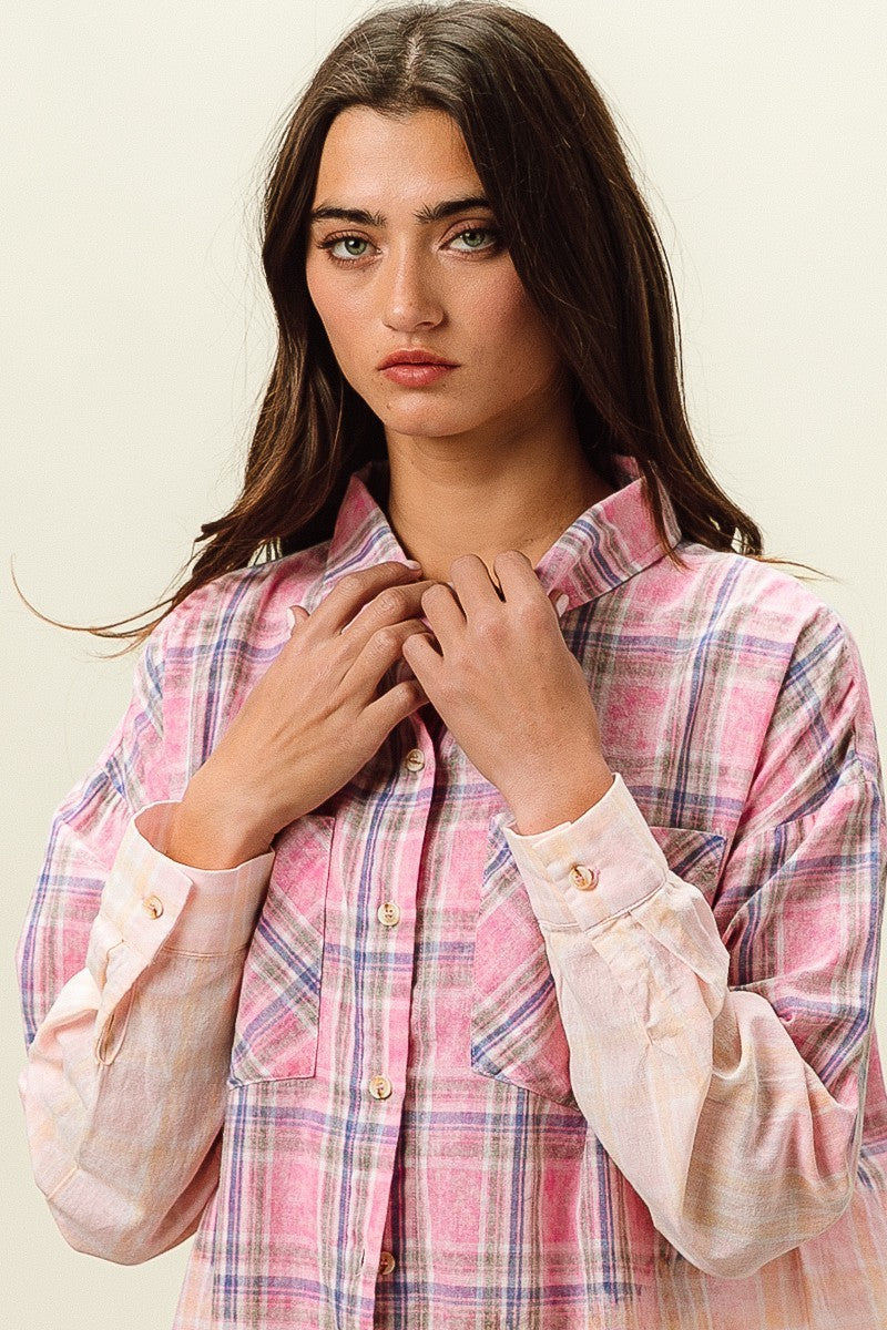 BIBI Bleach Washed Button Down Plaid Shirt