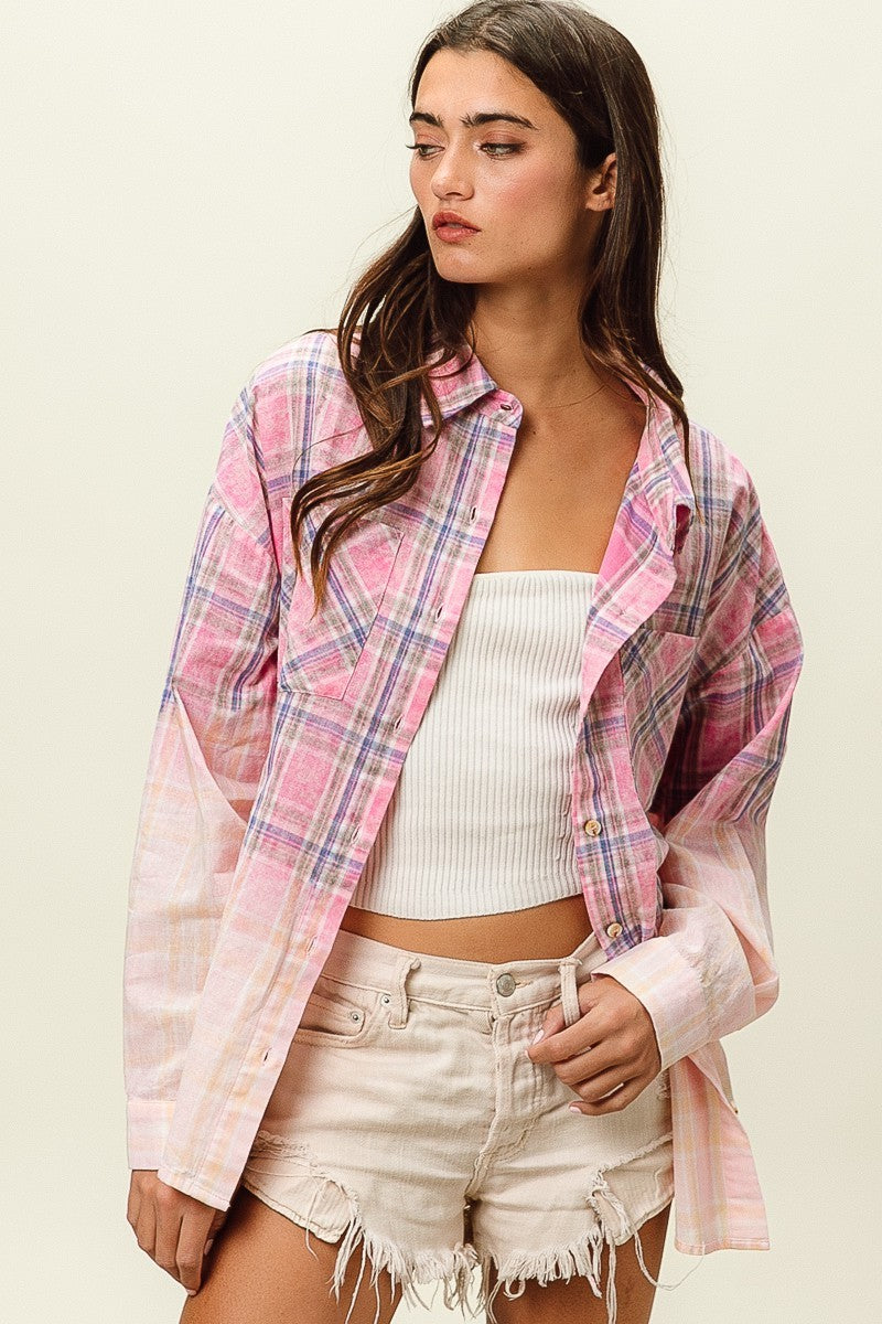 BIBI Bleach Washed Button Down Plaid Shirt