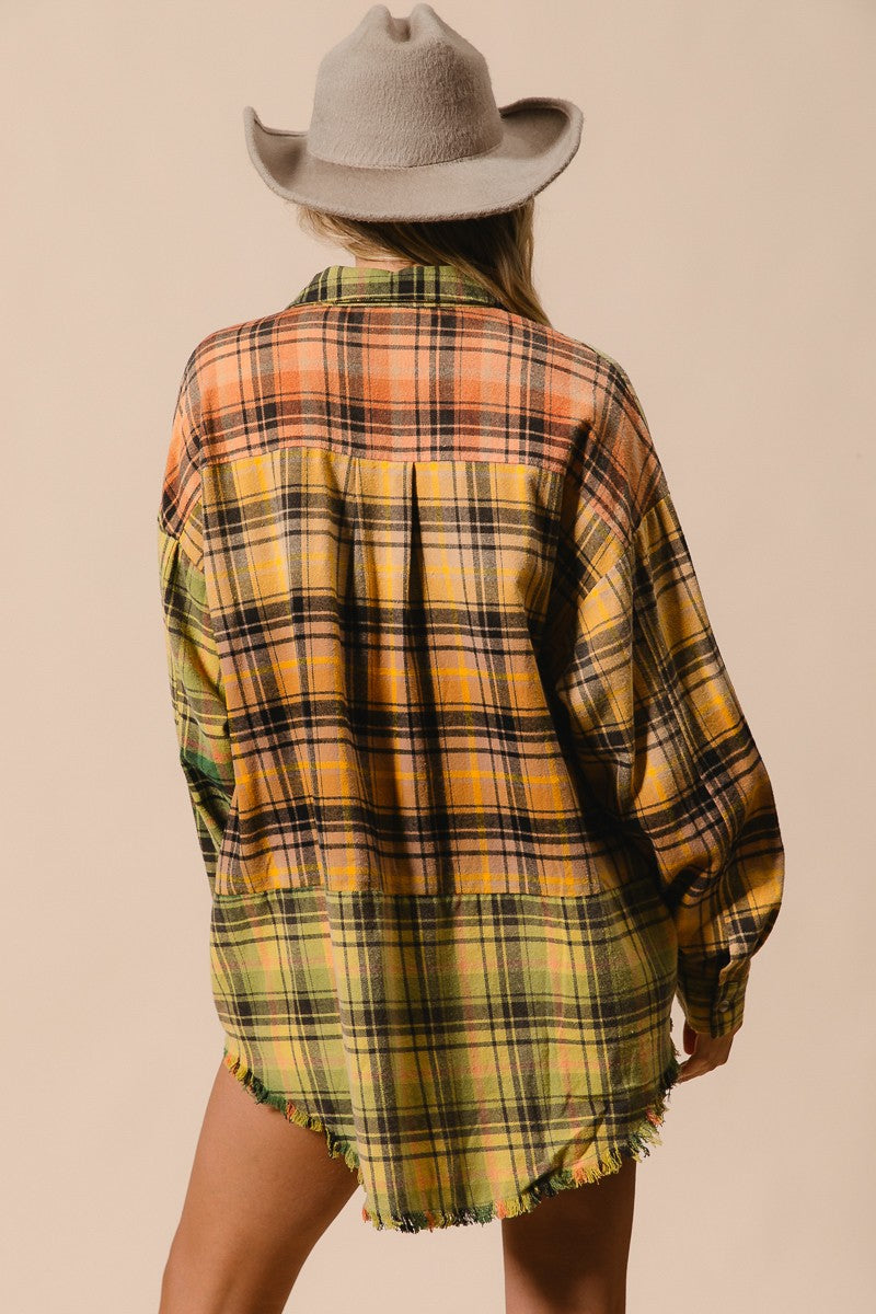 BIBI Frayed Hem Mixed Plaid Washed Shirt