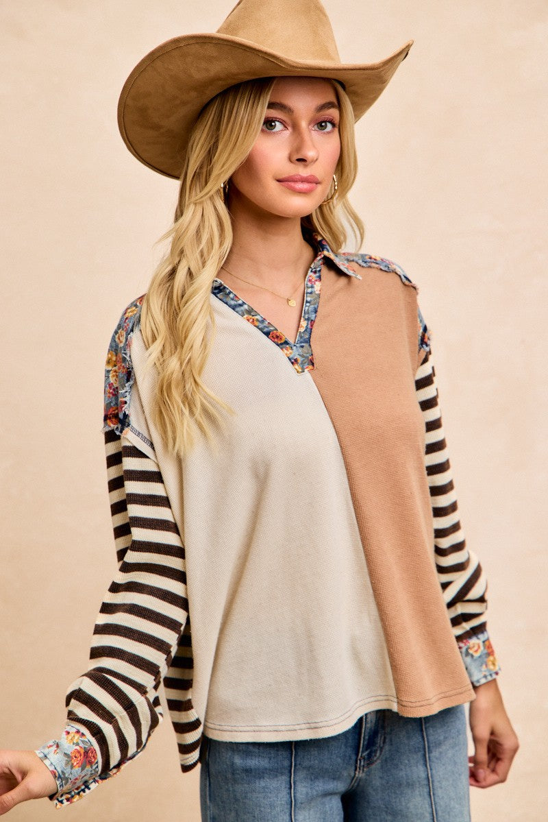 BIBI Cut Edge Floral Denim Waffle Mix and Match Top