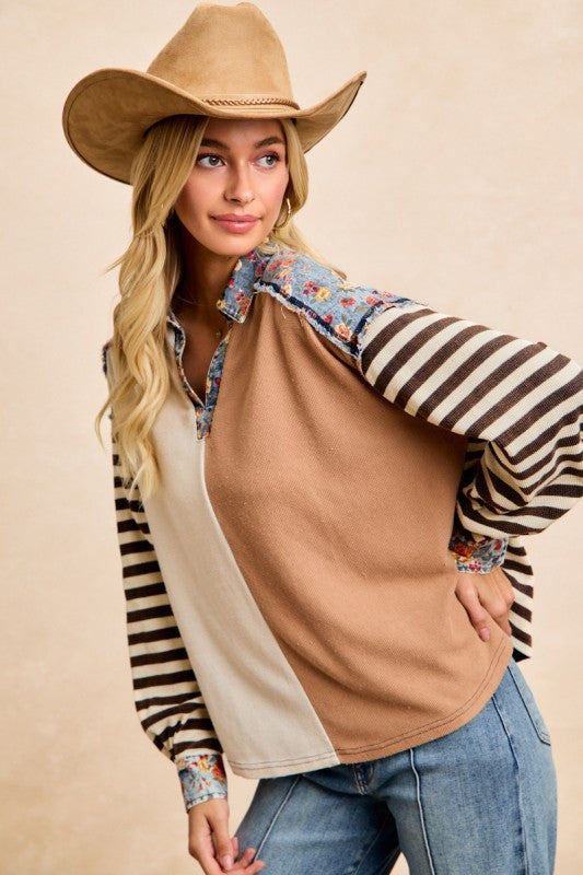 BIBI Cut Edge Floral Denim Waffle Mix and Match Top