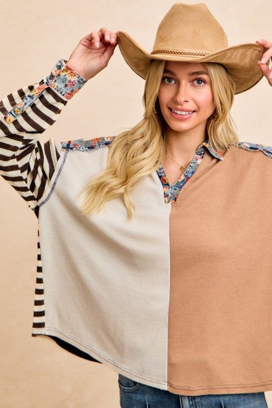 BIBI Cut Edge Floral Denim Waffle Mix and Match Top