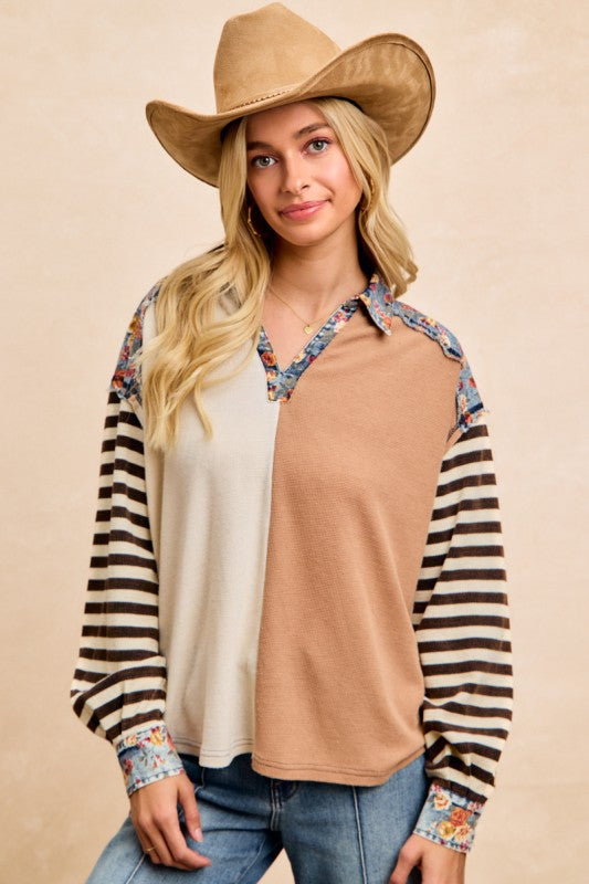 BIBI Cut Edge Floral Denim Waffle Mix and Match Top