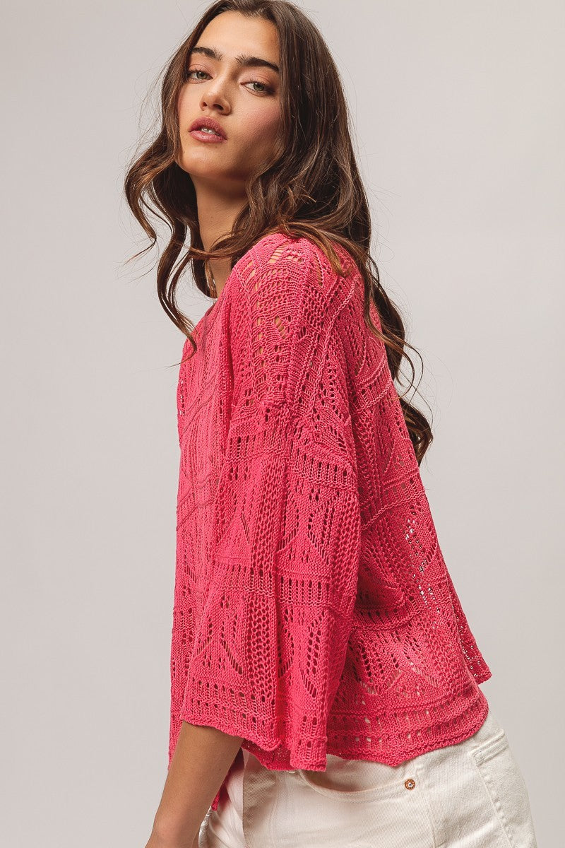 BIBI Round Neck Long Sleeve Pointelle Top