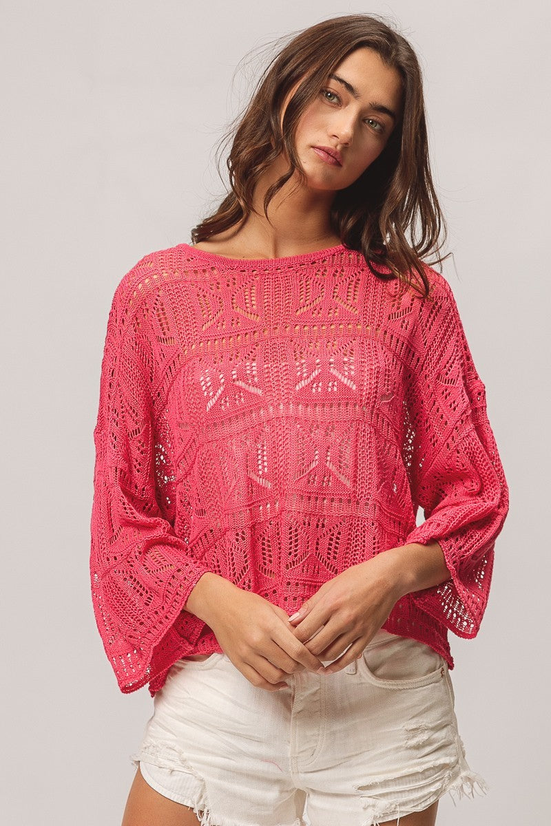 BIBI Round Neck Long Sleeve Pointelle Top