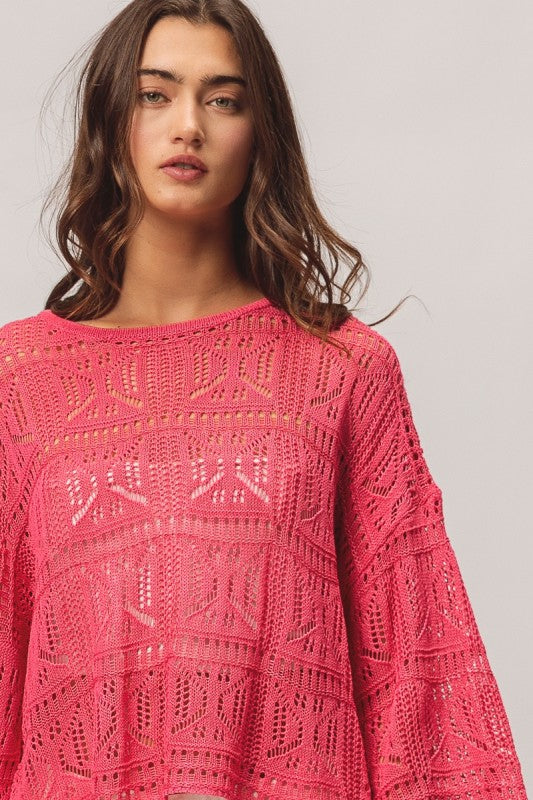 BIBI Round Neck Long Sleeve Pointelle Top