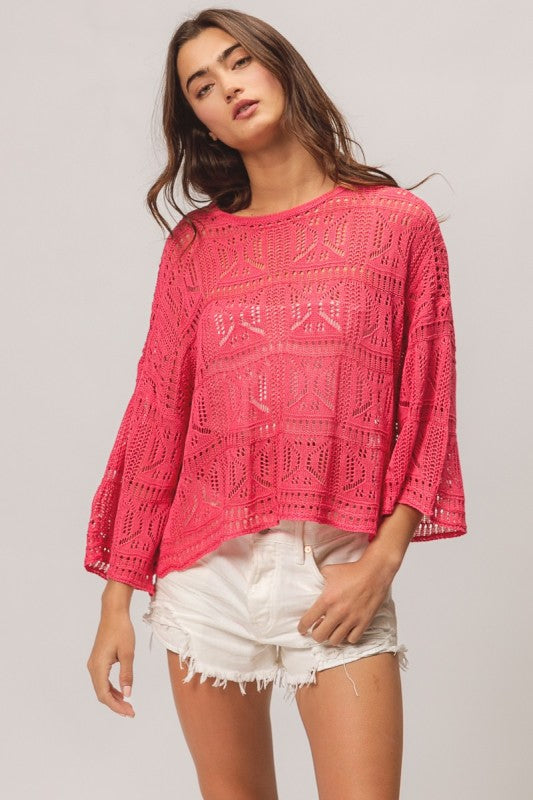 BIBI Round Neck Long Sleeve Pointelle Top
