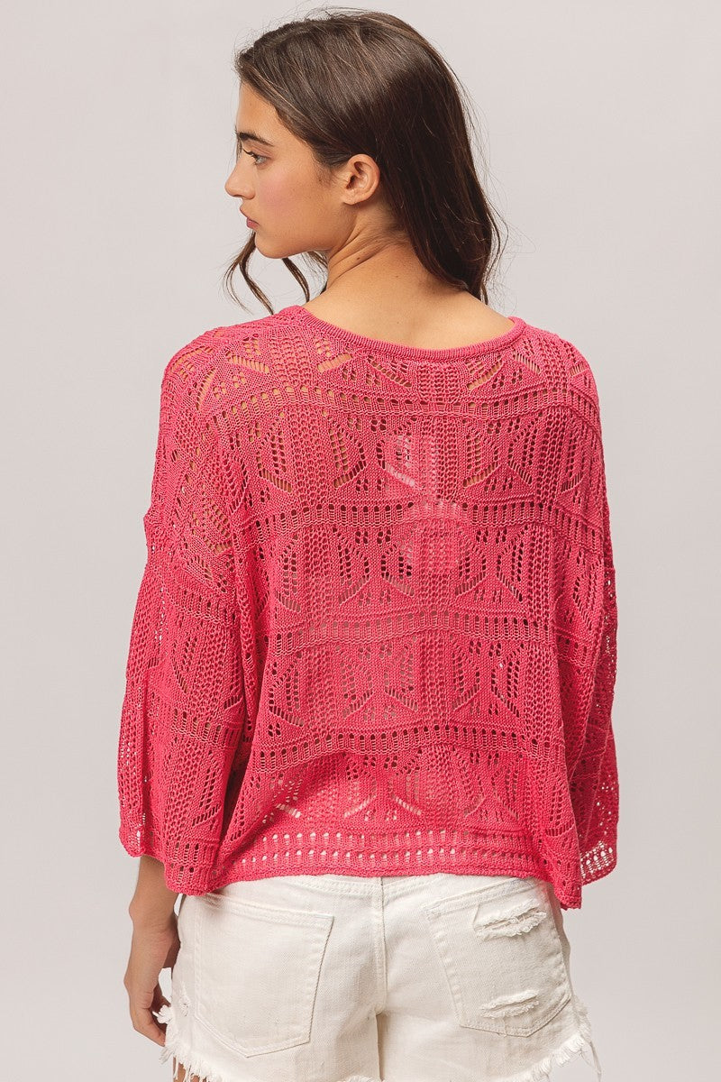BIBI Round Neck Long Sleeve Pointelle Top