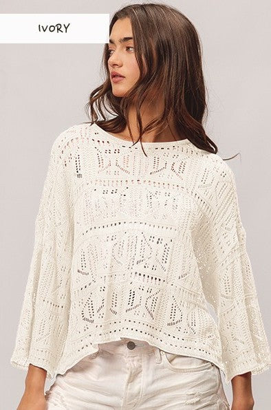 BIBI Round Neck Long Sleeve Pointelle Top
