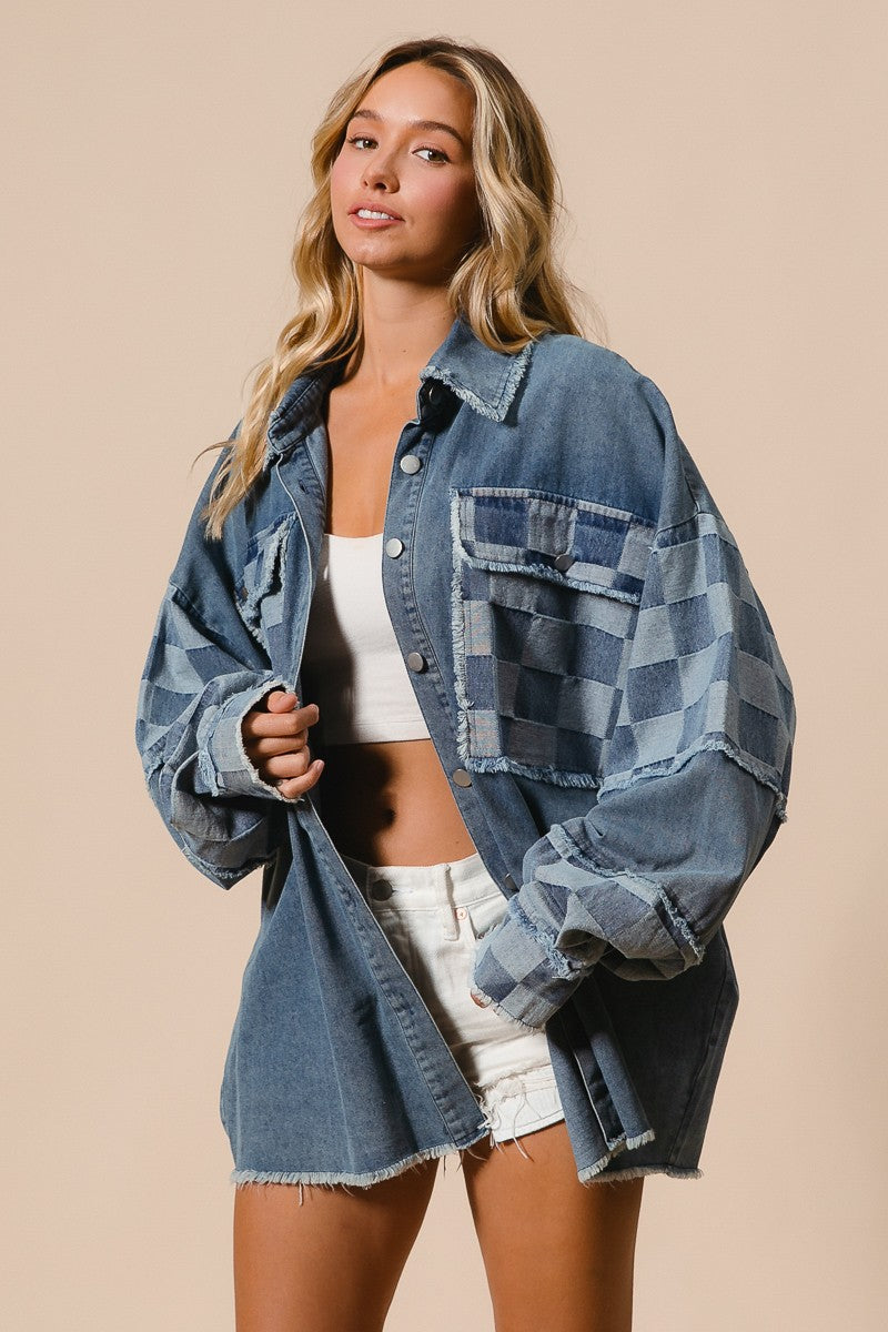 BIBI Frayed Edge Checker Washed Denim Shacket