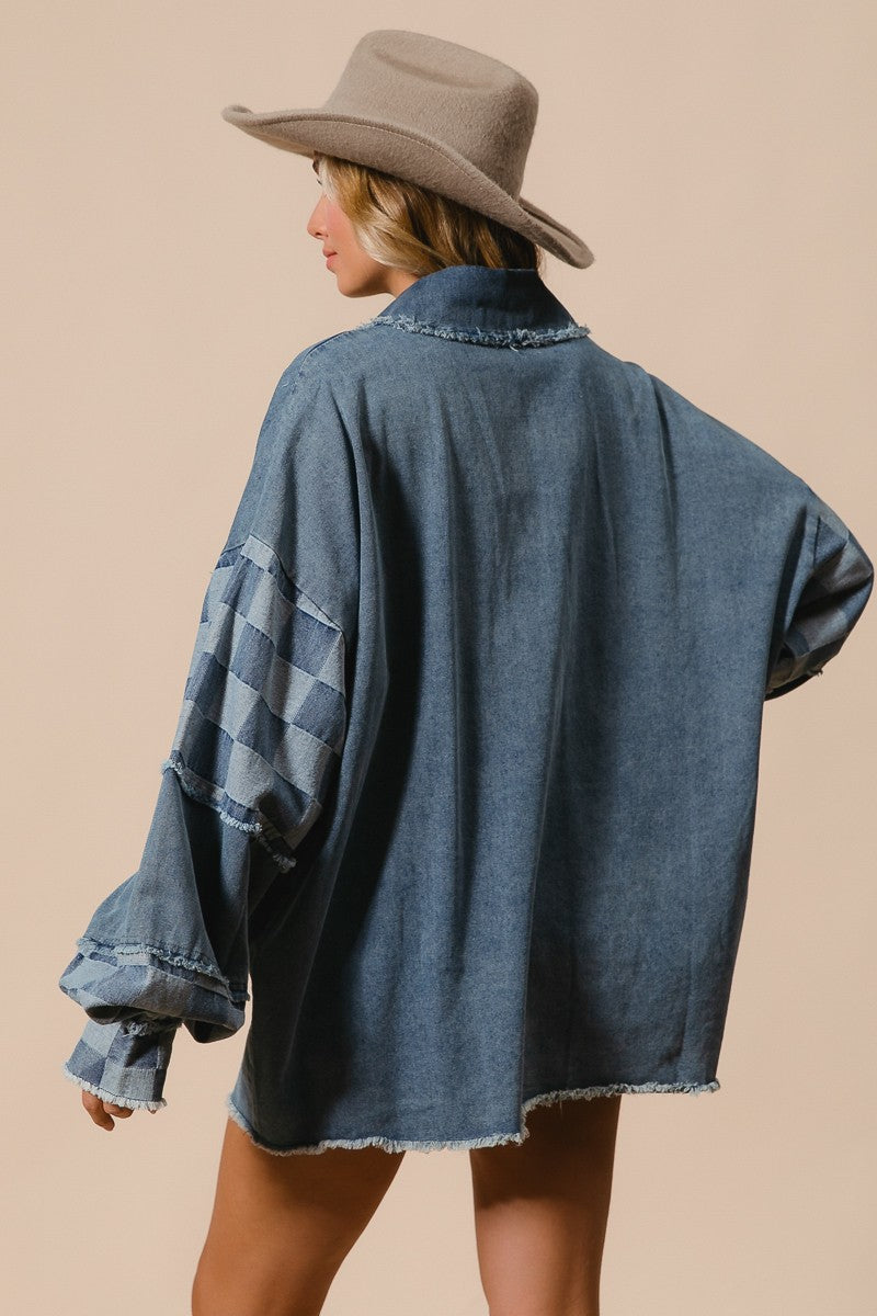 BIBI Frayed Edge Checker Washed Denim Shacket