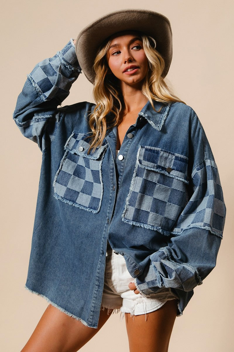 BIBI Frayed Edge Checker Washed Denim Shacket