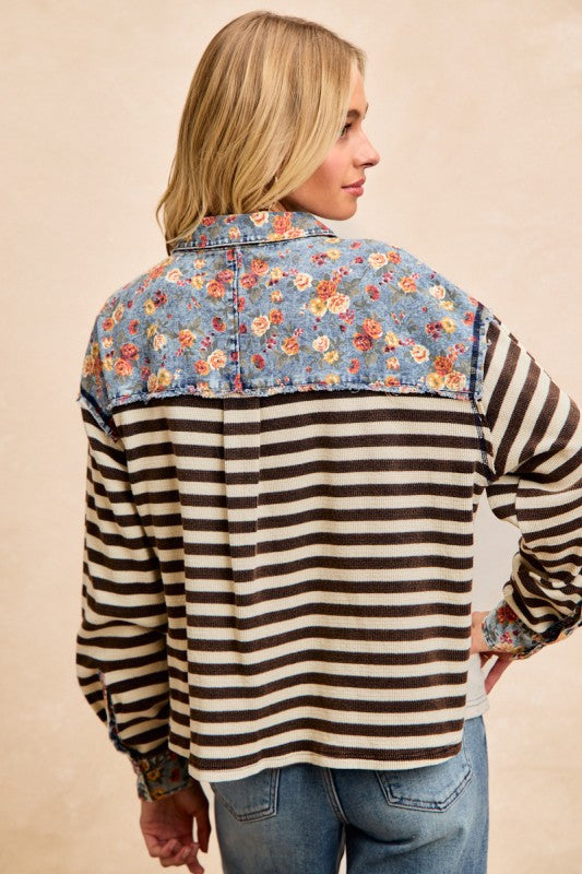 BIBI Cut Edge Floral Denim Waffle Mix and Match Top