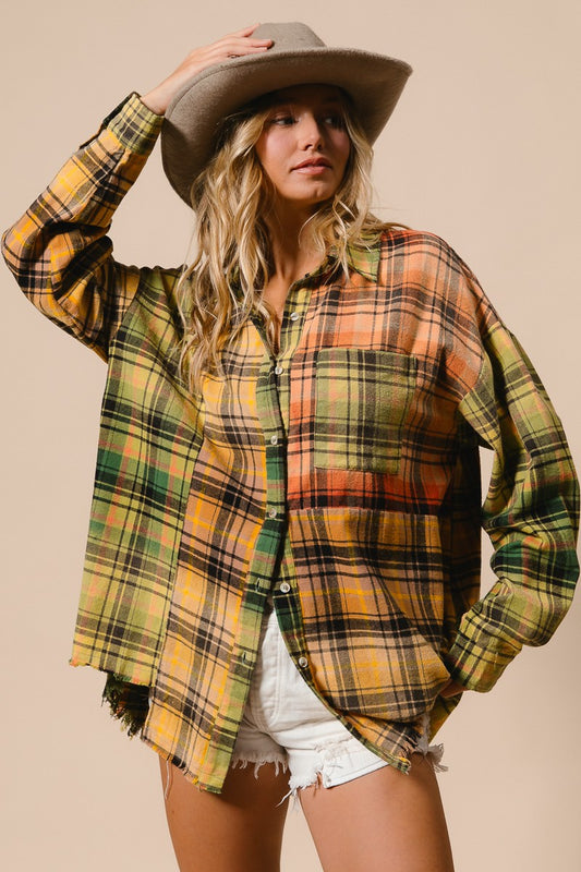 BIBI Frayed Hem Mixed Plaid Washed Shirt