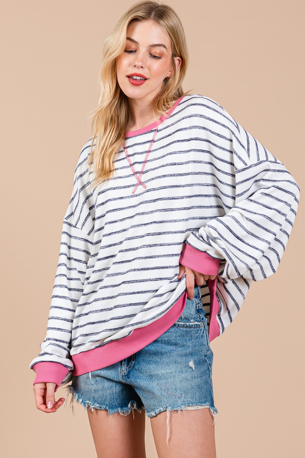 CES FEMME Striped Knit Drop Shoulder Sweatshirt