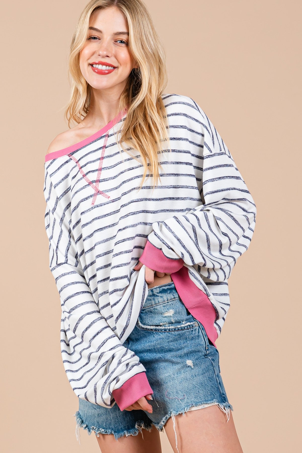 CES FEMME Striped Knit Drop Shoulder Sweatshirt