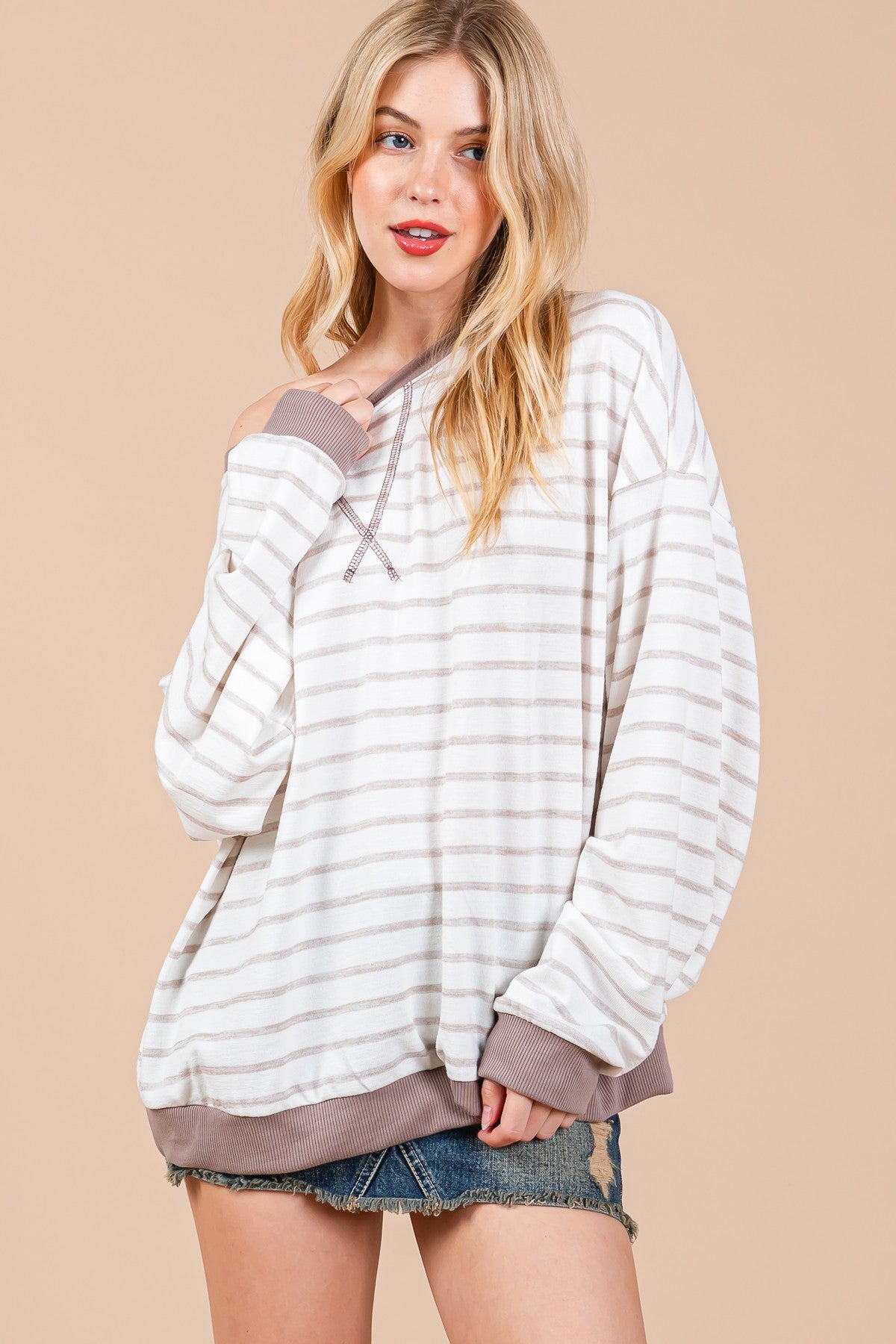 CES FEMME Striped Knit Drop Shoulder Sweatshirt