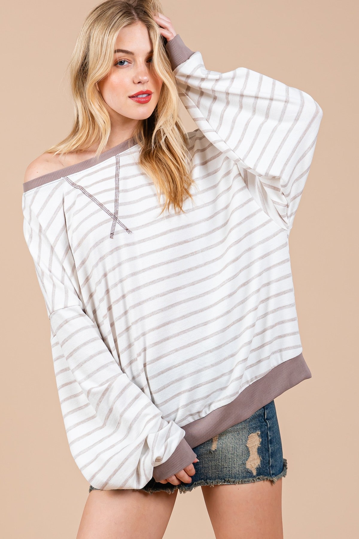 CES FEMME Striped Knit Drop Shoulder Sweatshirt