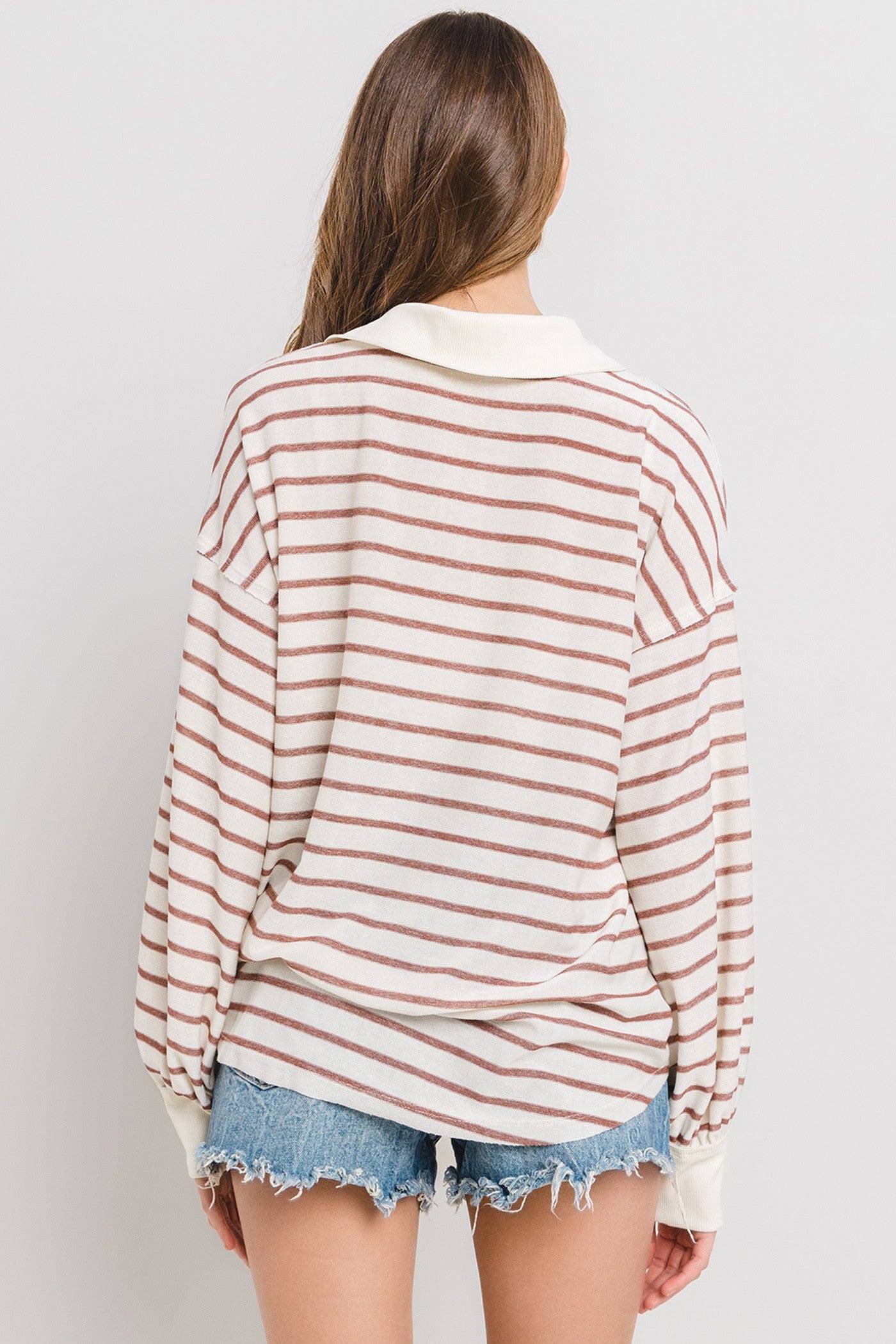 CES FEMME Plus Striped Knit Basic Collared Top