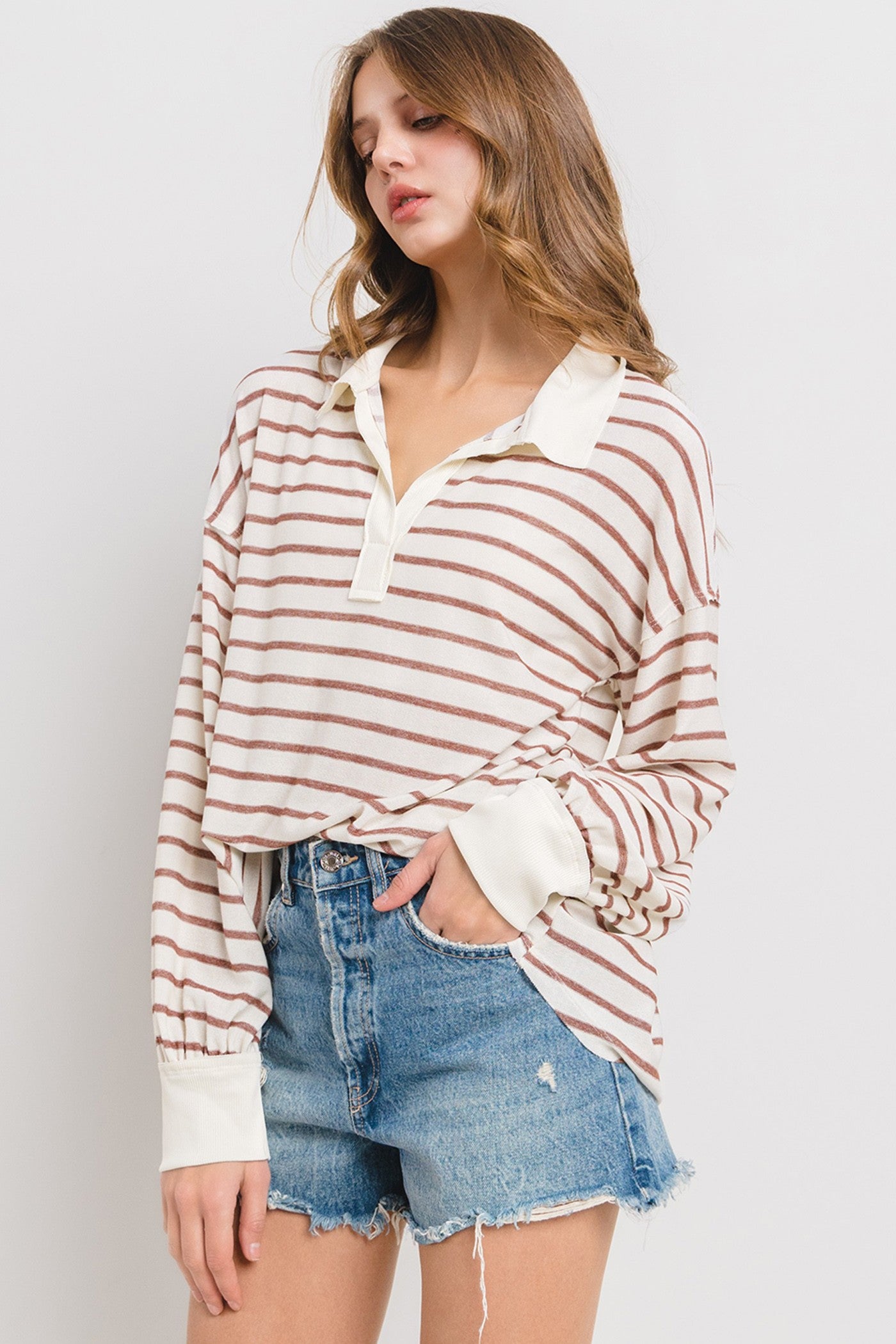 CES FEMME Plus Striped Knit Basic Collared Top