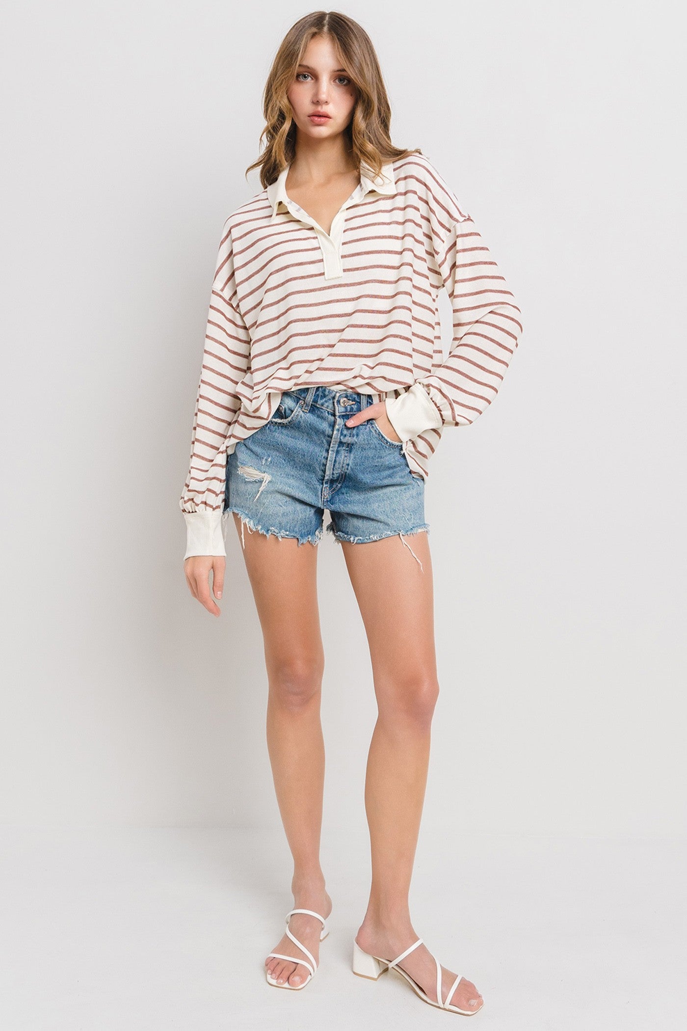 CES FEMME Plus Striped Knit Basic Collared Top