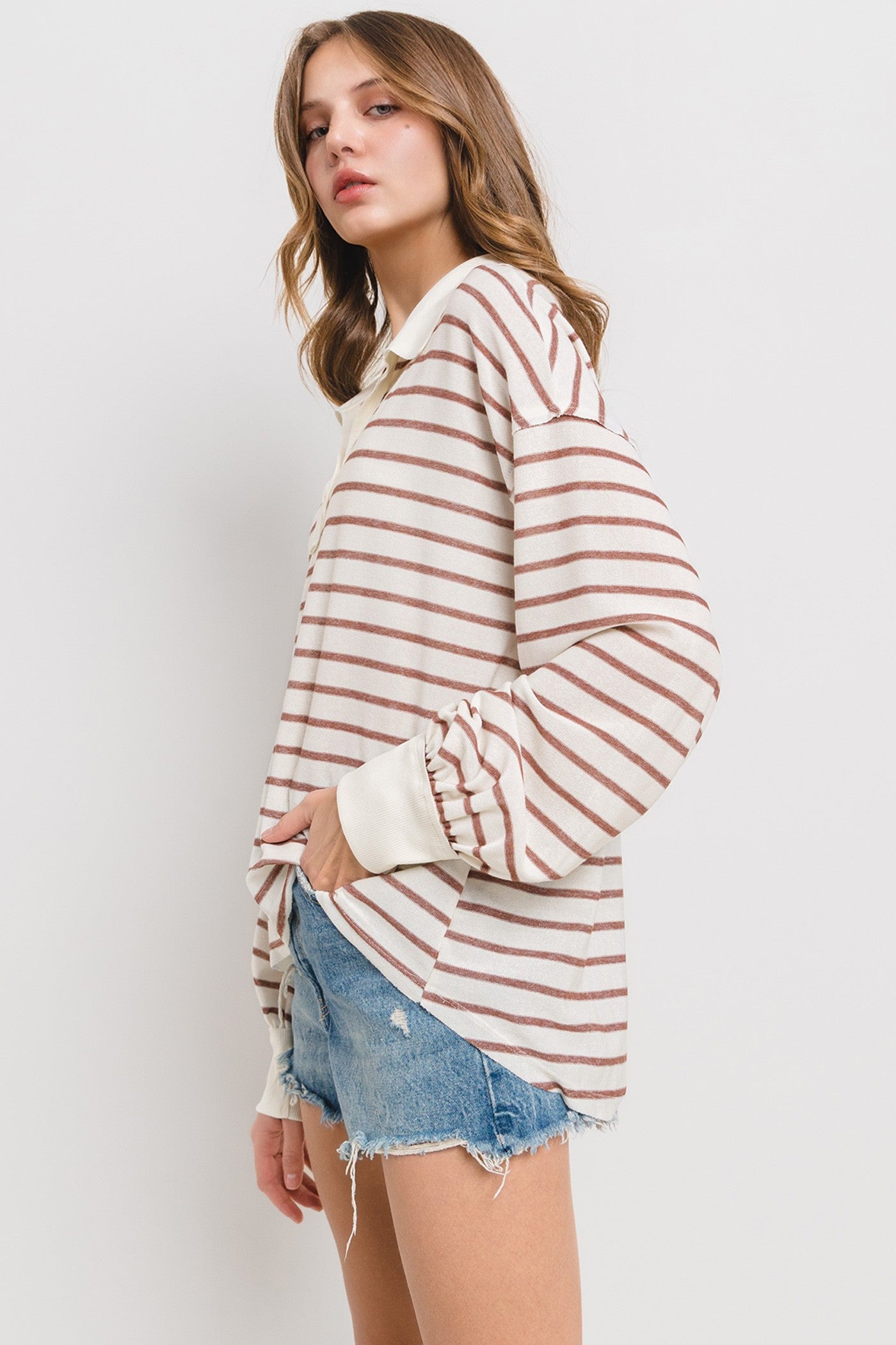 CES FEMME Plus Striped Knit Basic Collared Top