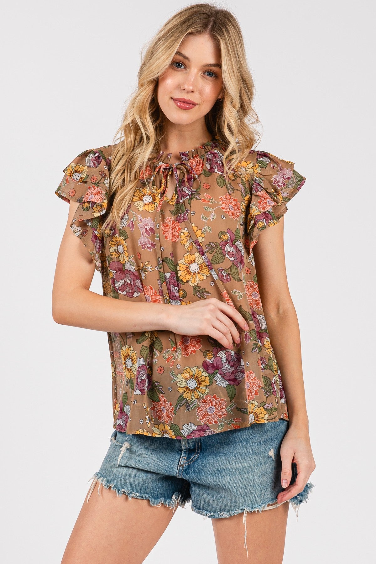 CES FEMME Boho Flower Print Ruffle Sleeve Top