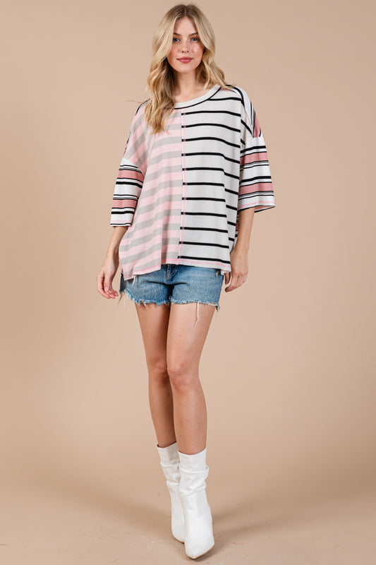 CES FEMME Striped Color Block Top