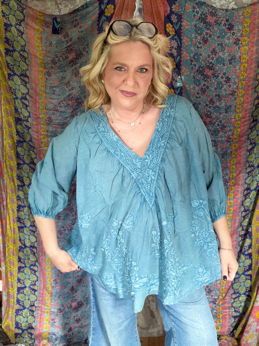 POL Embroidered Peasant V Neck Blouse
