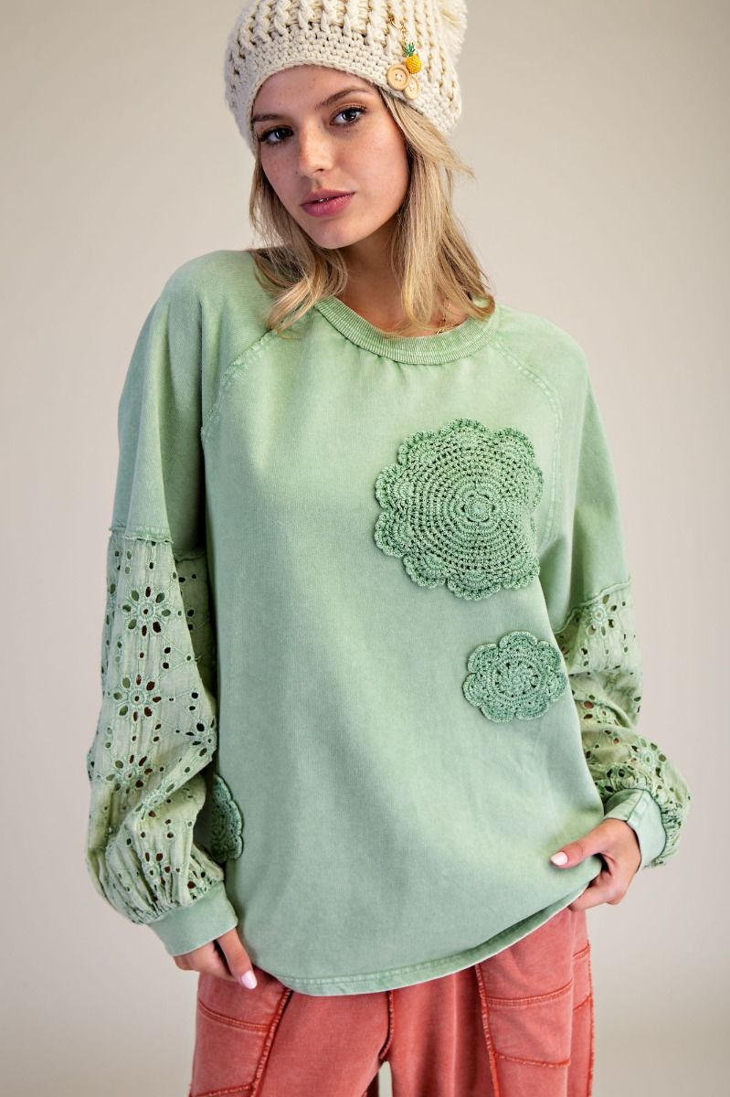 EASEL Eyelet Lace Washed Terry Pullover