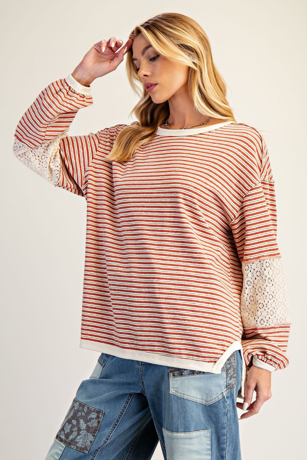 EASEL Coral Taupe Striped Washed Top