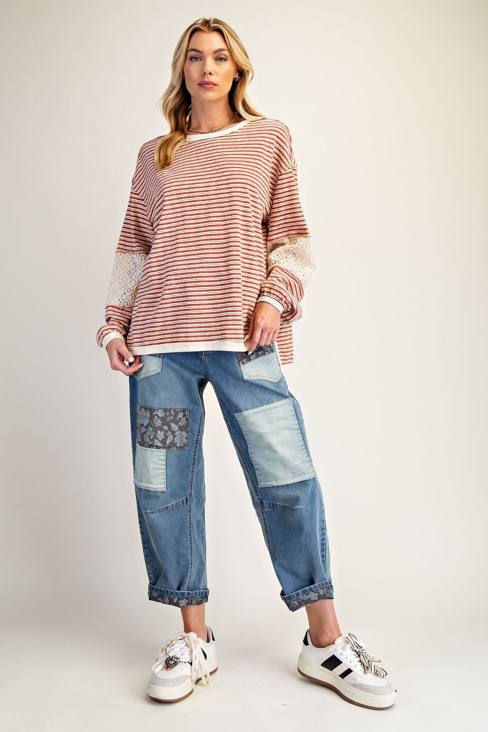 EASEL Coral Taupe Striped Washed Top