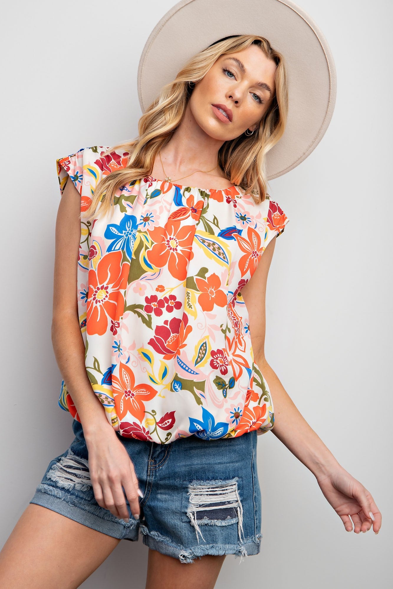 EASEL Floral Print Mirabelle Satin Woven Top