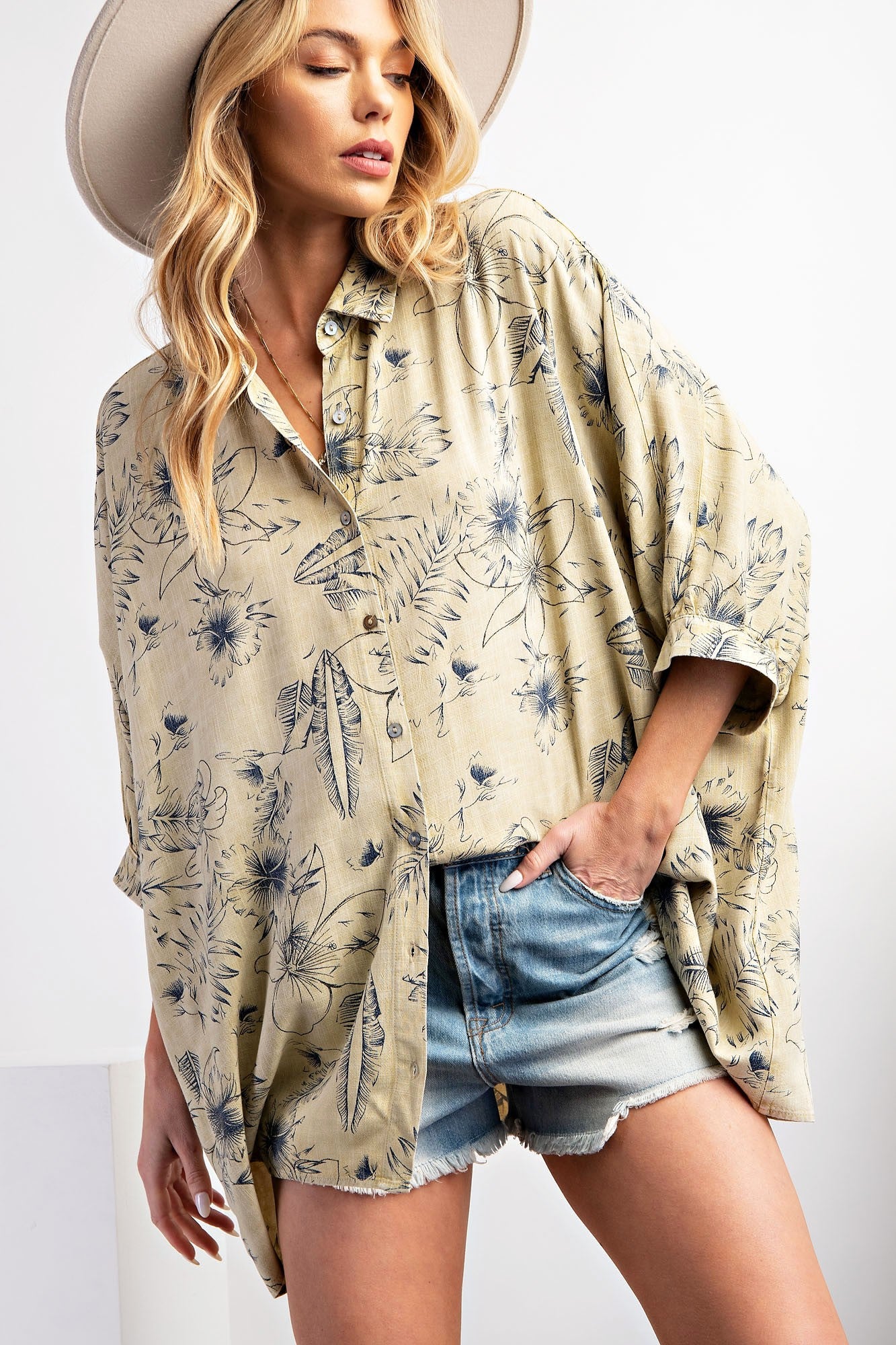 EASEL Hawaiian Print Mineral Washed Poly Linen Shirt